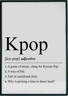 a poster with the words kpop in black and white, which are written on it