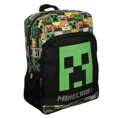 This 16" backpack is perfect for any kid who love Minecraft! The main compartment is spacious and comes with an interior laptop sleeve and ID tag for personilzation. The large front pocket featuring a large embossed Creeper face and a cool Creeper zipper pull, offers a generous amount of extra storage space. Mesh pockets are included on both sides for easy access to a water bottle. The straps are adjustable and have a reflective trim. The straps and back are also padded for comfort when wearing. Green Standard Backpack, Love Minecraft, Minecraft Merchandise, Minecraft Logo, Kid Tablet, Big Face, Id Tag, Creepers, Kids Backpacks