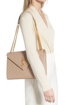 Chic Double Flap Shoulder Bag For Everyday Luxury, Designer Flap Bag With Chain Strap For Business, Designer Flap Bag With Chain Strap For Everyday Luxury, Luxury Envelope Shoulder Bag With Chain Strap, Everyday Luxury Flap Bag, Chic Double Flap Bag With Branded Hardware, Chic Everyday Luxury Flap Bag, Leather Envelope Shoulder Bag With Gold-tone Hardware, Everyday Luxury Double Flap Shoulder Bag With Chain Strap