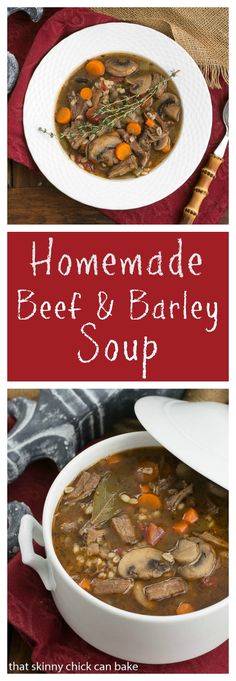 homemade beef and barley soup in a white bowl on a red placemat with the title