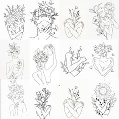 six different drawings of flowers and heart shaped hands, each with a flower bouquet in the middle