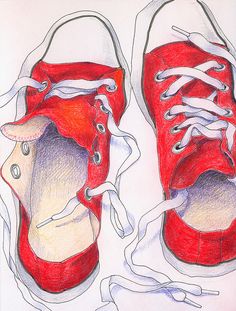 a drawing of red shoes with white laces