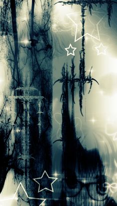 an abstract photograph with stars and trees in the background