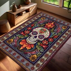 a colorful rug with a skull and flowers on it