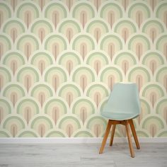 Circular Cascade Wallpaper Mural In Room With Lime Chair Arches Wallpaper, Seaside Wallpaper, Earth Wallpaper, Tropical Art Deco, Neutral Backdrop, Scandinavian Wallpaper, Abstract Wallpaper Design, Boho Wallpaper, Art Deco Wallpaper