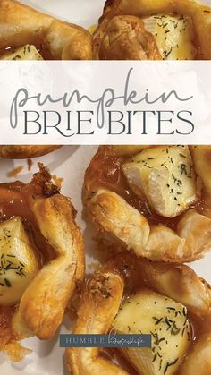 the cover of pumpkin brie bites is shown in front of other pastries on a plate