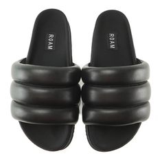 Our super puffs are a sculptural and sophisticated design. Created with a special and innovative technique that creates an exaggerated, fashionable ultra puff!. Our custom molded footbed provides both tremendous comfort and support. They are covered in black neoprene for breathability and wicking keeping your feet comfortable and dry. Our sole is made of a high-flex, durable recycled tread which allows the slippers to move with your feet. Perfect for ROAMING anywhere...whether it is traveling ar Puffy Sandals, Super Puff, Slider Sandals, Shoe Image, Womens Sandals Flat, Leather Slides, Sporty Look, Post Workout, Black Sandals