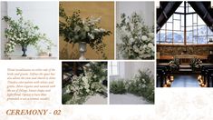 a collage of photos with white flowers and greenery