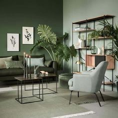 a living room with green walls and furniture