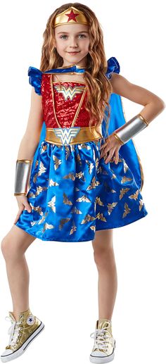 PRICES MAY VARY. Officially licensed DC Comics child's costume, look for trademark on label and packaging to help assure you've received authentic safety-tested item Dress with sequined top and ruffled shoulders, detachable cape, foam belt, foam gauntlets, foam tiara NOTE: Skirt runs short on most children (depending on length of child's legs), some will prefer to wear with tights or leggings IMPORTANT: Costumes are not sized the same as apparel, consult the Rubie’s Child Size Chart before selecting; do not buy based on clothing size or age Rubie's offers a wide range of DC Comic costumes and accessories, in sizes and styles for the entire family Girl Superhero Costumes, Blue Satin Skirt, Flash Costume, Detachable Cape, Dc Comic Costumes, Pirate Wench Costume, Yellow Costume, My Little Pony Costume, Justice League Wonder Woman