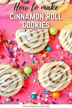 how to make cinnamon roll cookies with icing and sprinkles on pink background