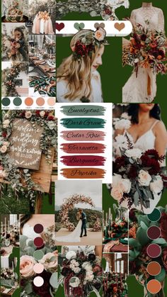 a collage with many different colors and flowers on it, including red, green, pink