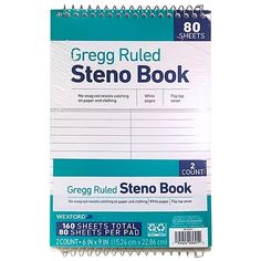 a spiral bound notebook with the words, regge rules and steno book on it