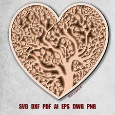 a heart shaped tree cutout with the words svg dxf file for eps