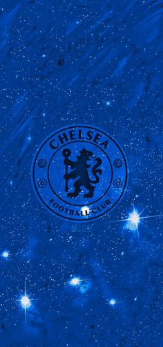 the chelsea logo is shown on a blue surface with stars in the sky behind it