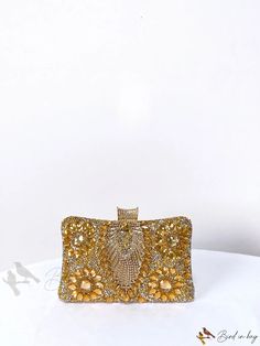 Bird in Bag - Rhinestone-Decorated Clutch Bag Embellished Rectangular Bag, Gold Handheld Evening Bag With Rhinestones, Gold Handheld Bags With Rhinestones, Gold Rhinestone Clutch Fashion Accessory, Luxury Embellished Rectangular Evening Bag, Glamorous Embellished Bags, Rectangular Clutch With Rhinestones, Gold Bags With Rhinestones For Gift, Gold Bags With Rhinestones As A Gift