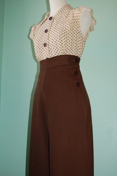 1930's+1940's+vintage+style+brown+by+allureoriginalstyles+on+Etsy 50s Fashion Pants, Vintage Outfits 1930s, 1940s Aesthetic Fashion, Vintage Outfits 40s 1940s Style, 40s Womens Pants, Vintage Outfits 30s, 1940s High Waisted Trousers, 1930 Pants Woman, 1930s Trousers Women