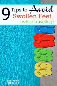 colorful flip flops lined up in front of a swimming pool with text overlay reading 9 tips to avoid swollen feet while traveling