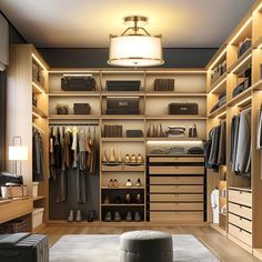 a walk - in closet with lots of clothes and shoes on the shelves next to it