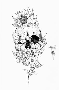 a black and white drawing of a skull with sunflowers on its head,