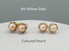 PLEASE READ THE DESCRIPTION below for full details of the item  Most photos are taken close up and enlarged to show details. Photos on a ruler and hand are also provided. Please take the time to estimate dimensions of the item before placing your order. 9ct 9k yellow gold freshwater Pearl stud earrings. Rose / White lustre button pearls approx. 4mm in diameter, ornate settings 6mm Stamped 375 on the posts and scrolls. Come in a velvet jewellery box. Gold And Pearl Stud Earrings, Gold Earring Studs, Traditional Gold Plated Pearl Earrings, Pearl Studs Earrings Gold, Pearl Earrings Studs, Traditional Yellow Gold-plated Pearl Earrings, Gold Earrings For Kids, Elegant Yellow Gold Flower-shaped Pearl Earrings, Temple Jewellery Earrings