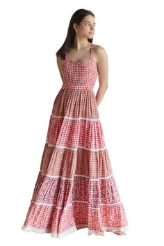 Red cotton maxi dress with checkered pattern and tiered hem. - Aza Fashions Red Tiered Sundress Maxi Dress, Plaid Cotton Tiered Dress, Maxi Dress For Women, Picnic Dress, Cotton Maxi Dress, Lace Neckline, Cotton Maxi, Maxi Dress Cotton, Tiered Maxi Dress