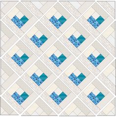 a blue and white quilted pattern with squares on the bottom, in shades of light blue