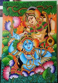 a painting on canvas with an image of hindu god and flowers in the foreground