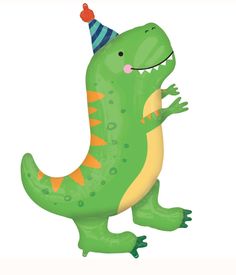 a green dinosaur with a party hat on