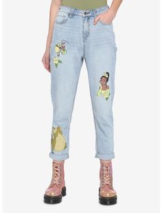 Disney The Princess And The Frog Tiana Mom Jeans | Her Universe Disney World Princess, Light Wash Mom Jeans, Theme Park Outfits, Geek Clothes, Disney Inspired Fashion, Disneyland Outfits, Disney Mom, Character Inspired Outfits, Disney Bound Outfits