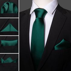 the green tie and black suit are being worn by a man in a white shirt