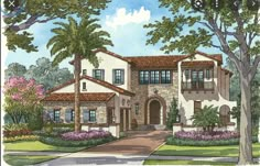 this is an artist's rendering of the front elevation of these mediterranean style home plans