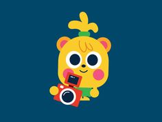 a cartoon bear holding a camera on top of a blue background