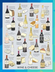 wine and cheese poster with the names of different wines in each bottle, including one that contains