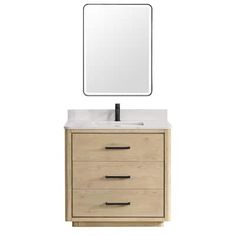 a white sink sitting under a mirror next to a wooden cabinet with two drawers and a black faucet