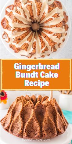 gingerbread bundt cake with white icing on top and an orange sign in the middle