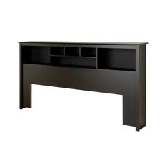 a black desk with shelves on the top and bottom shelf below it, against a white background