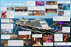 a large cruise ship with many pictures on it's front and back sides, including information