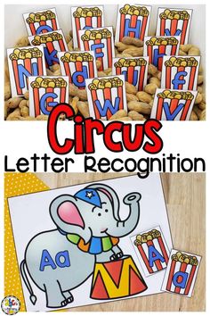 circus themed letter recognition game for kids to practice their letters and numbers with the elephant