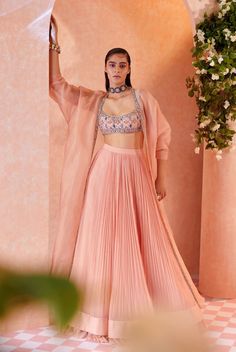 Ridhi Mehra | Peach Roxann Lehenga Cape Set Organza Kimono, Chiffon Lehenga, Peach Skirt, Organza Jacket, Ridhi Mehra, Crop Top Lehenga, Net Skirt, Chiffon Jacket, Organza Lehenga