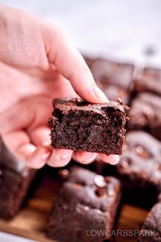 a person holding a piece of chocolate brownie in their hand