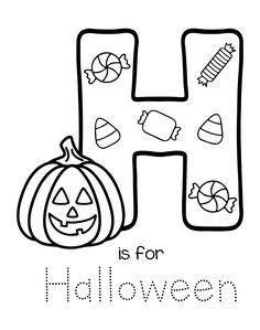 the letter h is for halloween coloring page with pumpkins and candies on it