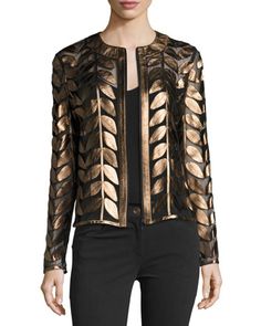 Metallic+Leather+Leaf+&+Mesh+Combo+Jacket+by+Neiman+Marcus+at+Neiman+Marcus. Mommy Daughter Outfits, Ladies Coat Design, Metallic Jacket, Mesh Jacket, Leather Leaf, Real Leather Jacket, Long Sleeve Jacket, Clothing Details, Street Style Paris