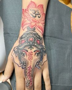 Elephant Tattoos Hand, Hand To Arm Tattoo Women, Elephant Hand Tattoo, Prosper Tattoo, Red Tattoo Sleeve, Red Sleeve Tattoo, Colorful Tattoos For Black Women, Small Dope Tattoos, Small Chest Tattoos