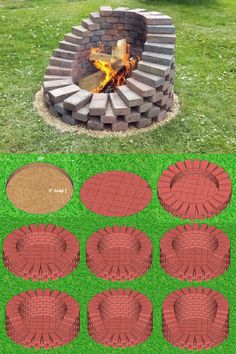 a fire pit made out of bricks in the grass with instructions to build it and how to use it