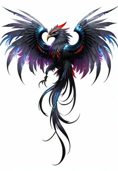 a black bird with blue and red feathers on it's wings, flying in the air