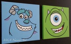 two paintings of cartoon monsters on canvases one is green and the other is blue