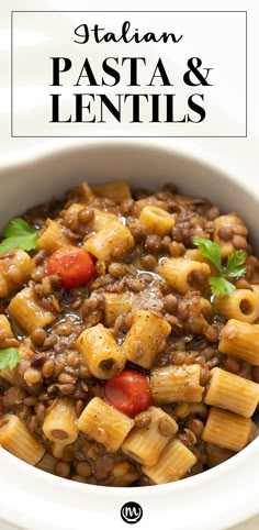 a white bowl filled with pasta and lentils