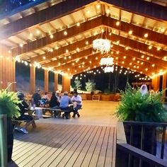 people sitting on benches under a covered area with lights strung from the ceiling and potted plants