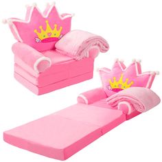 a pink bed with a princess crown on it and two matching pillows in the shape of a couch